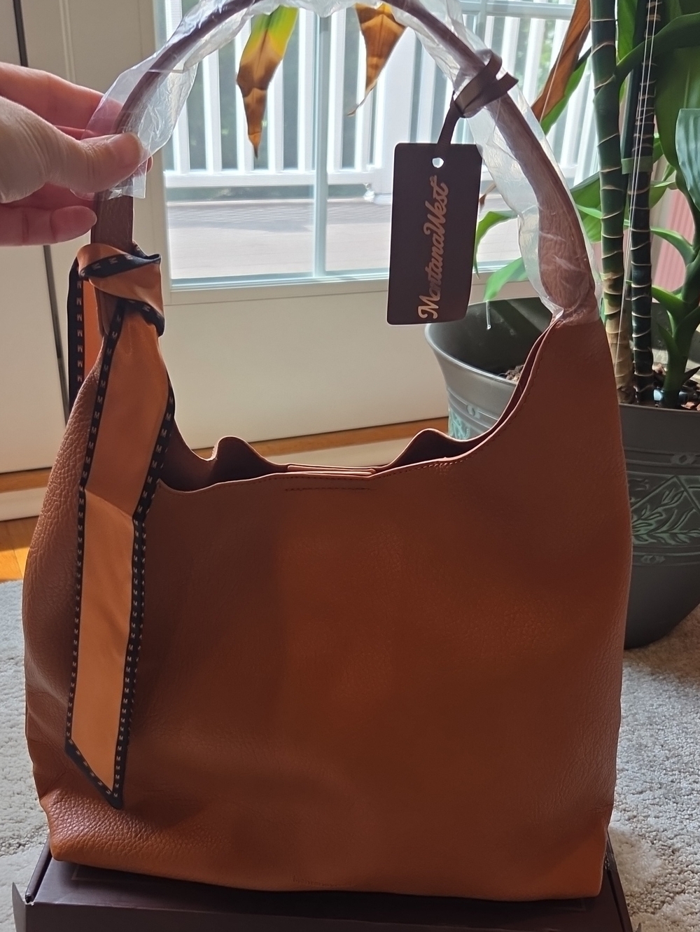 Montana West Brown Shoulder Hobo Bag with Scarf Accent